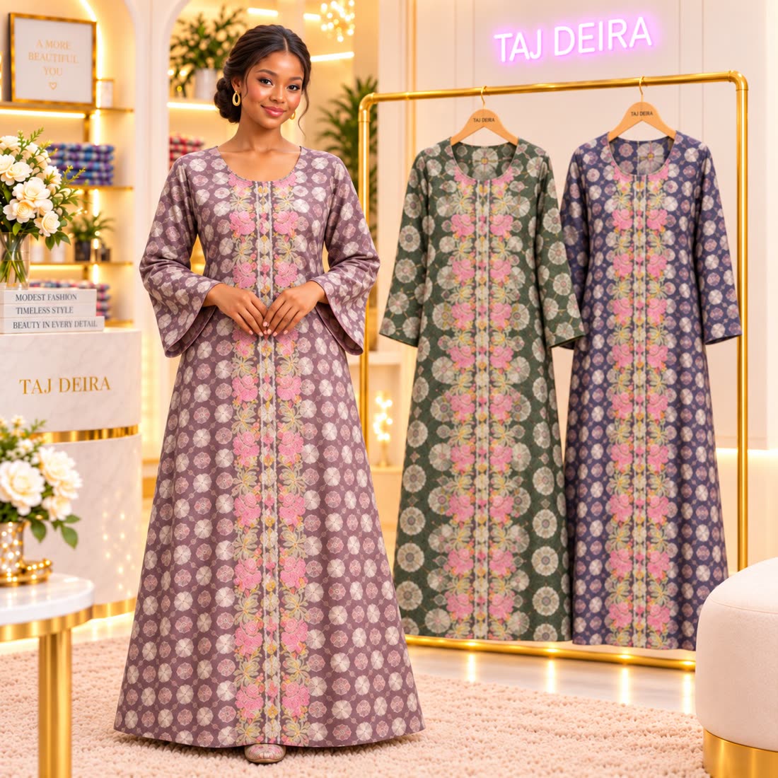 Mauve printed robe dress with pink floral embroidered panel