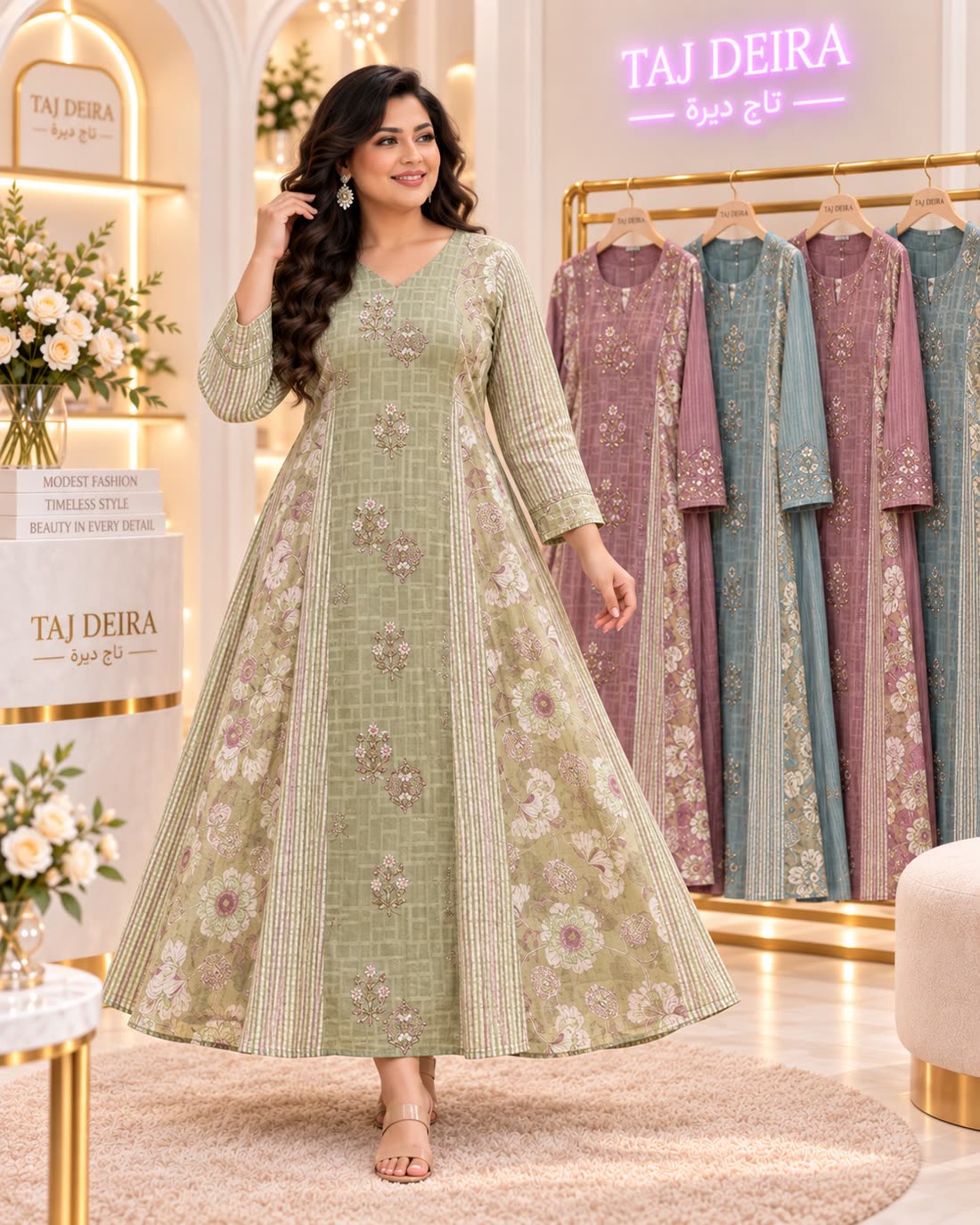 Sage green panelled gown with floral embroidery