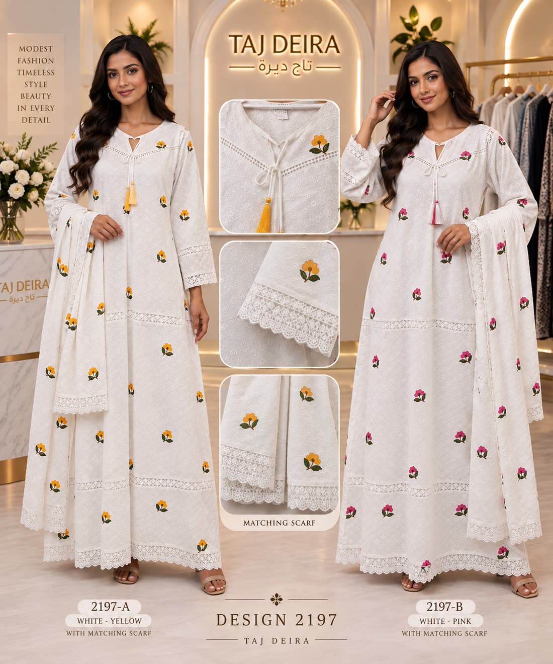 Design 2197 white embroidered jalabiya with matching lace scarf, in yellow and pink