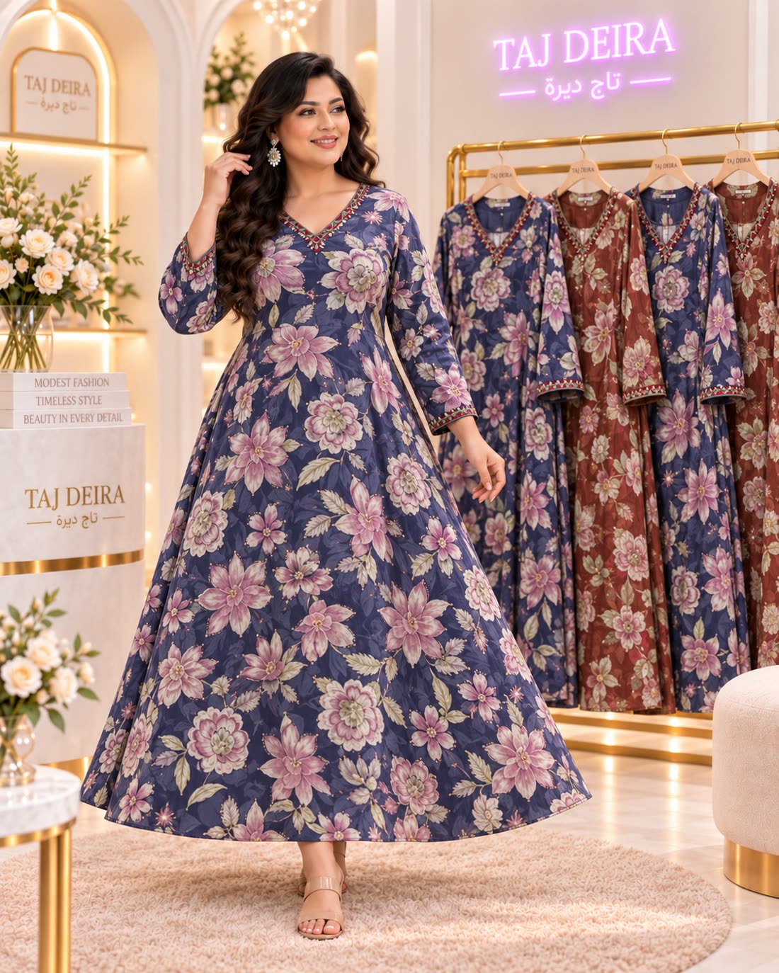 Navy flared dress with large pink floral print