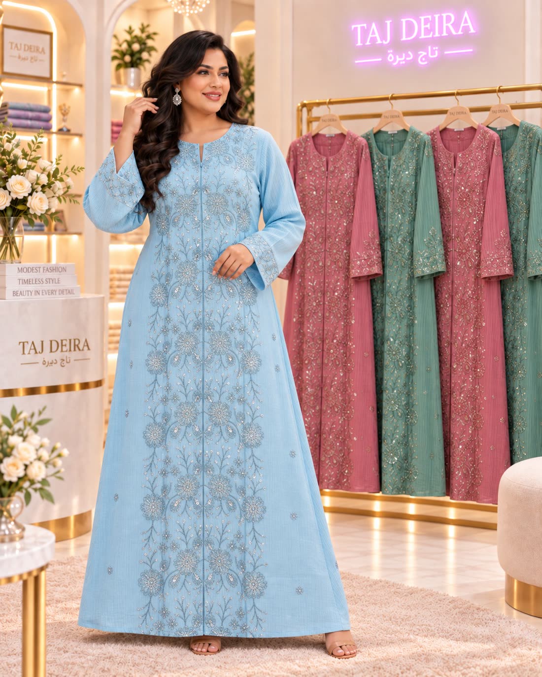 Sky blue jalabiya with silver floral embroidery