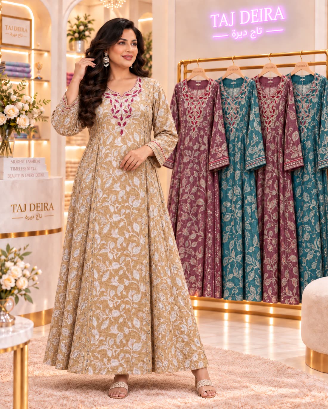 Sand flared gown with white leaf print and burgundy neck embroidery
