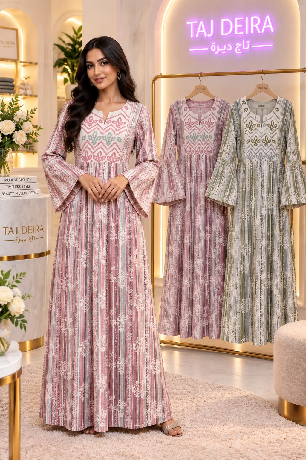 Pink striped jalabiya with embroidered yoke and bell sleeves